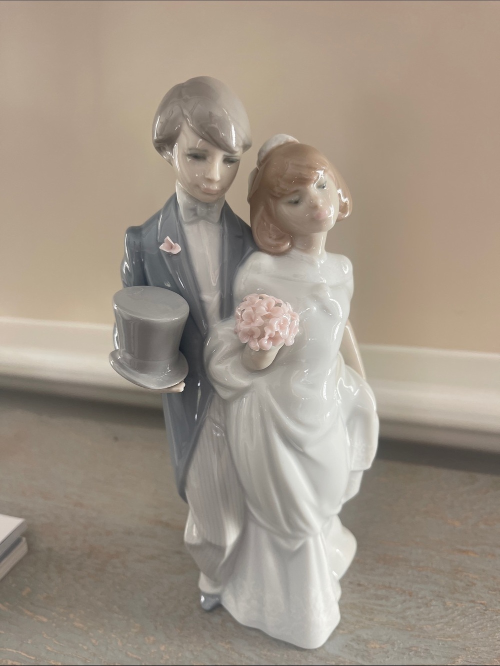 Lladro Porcelain Bride and Groom Figurine in White, Gray and Pink